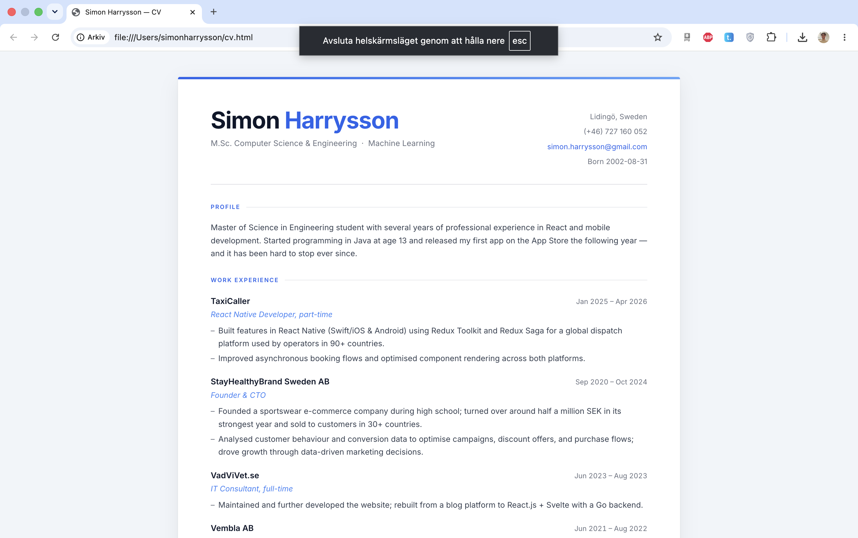 First version of the CV in the browser