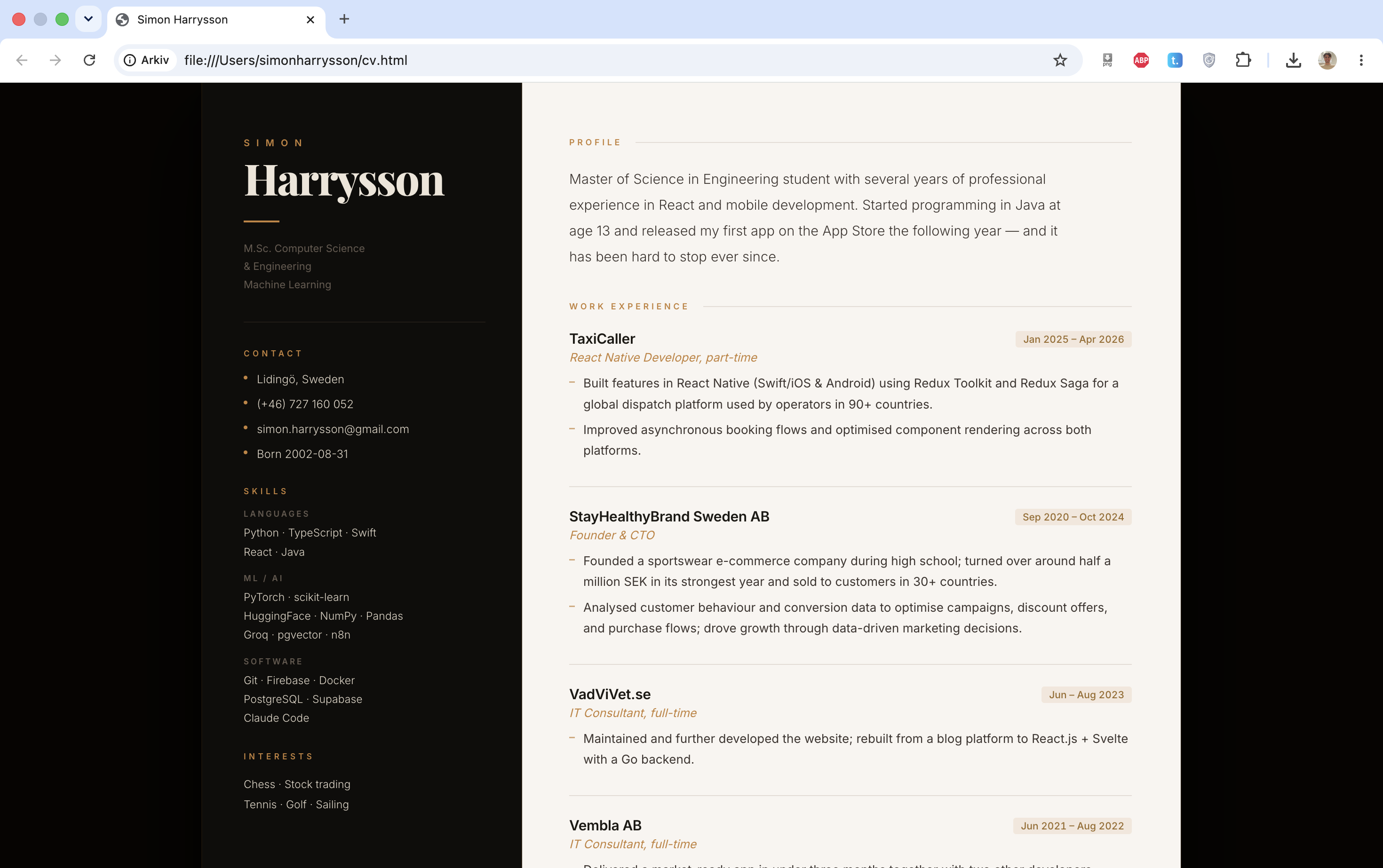Redesigned CV in the browser