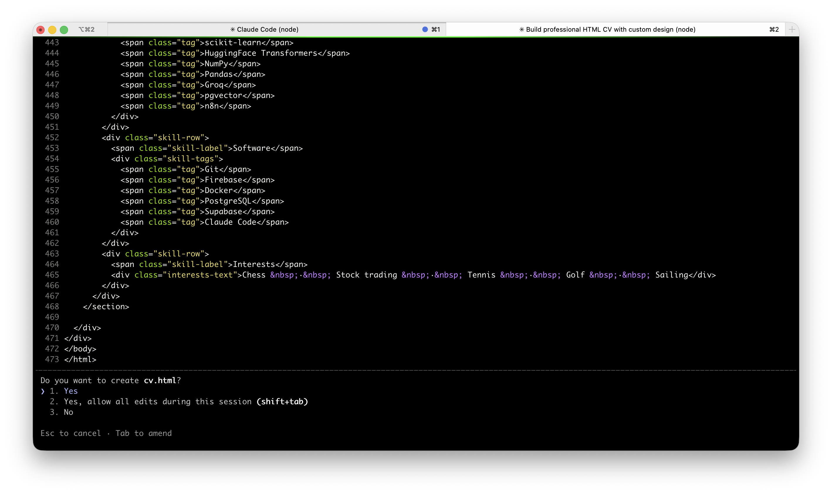 Claude Code building the CV in the terminal