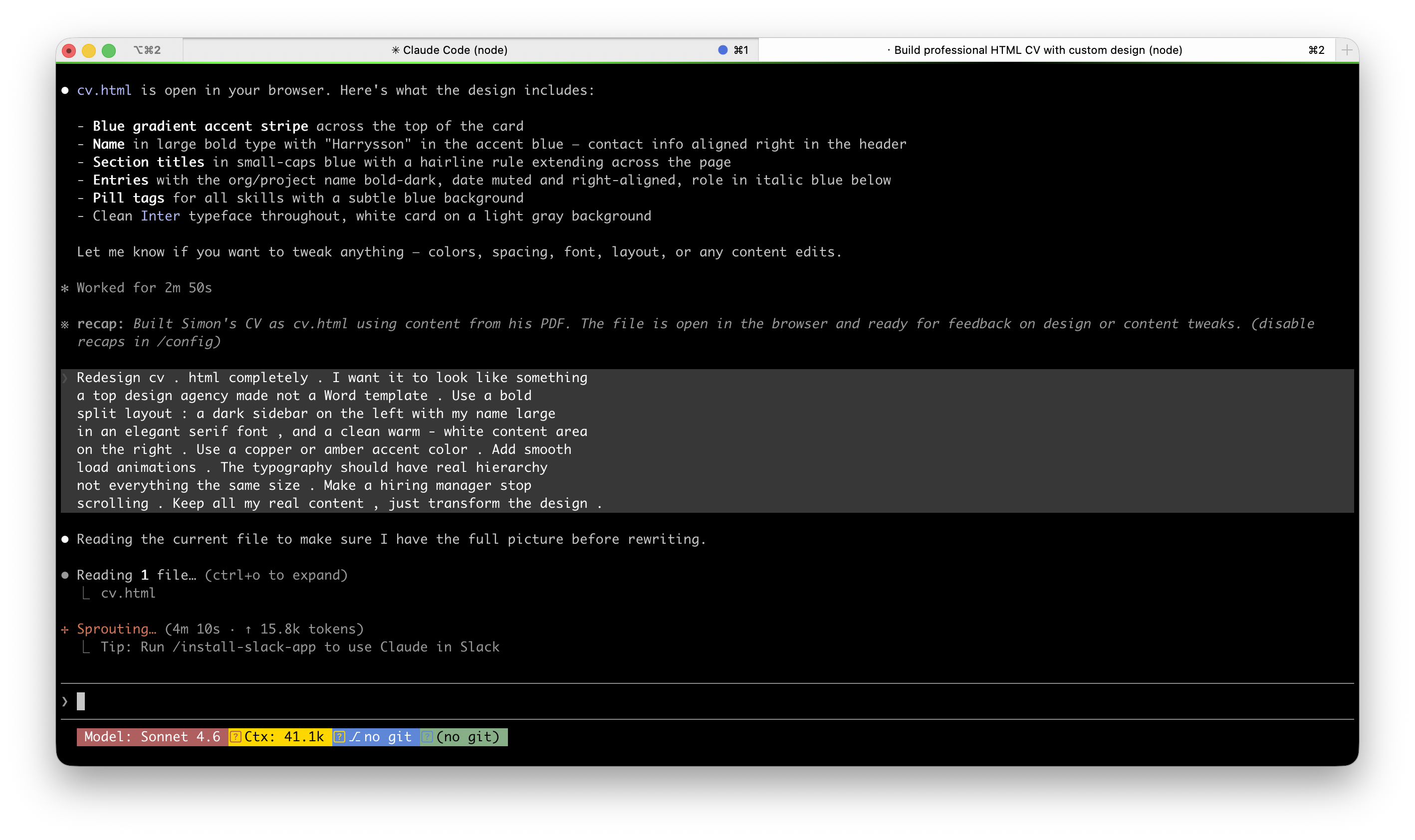 Claude Code redesigning the CV in the terminal