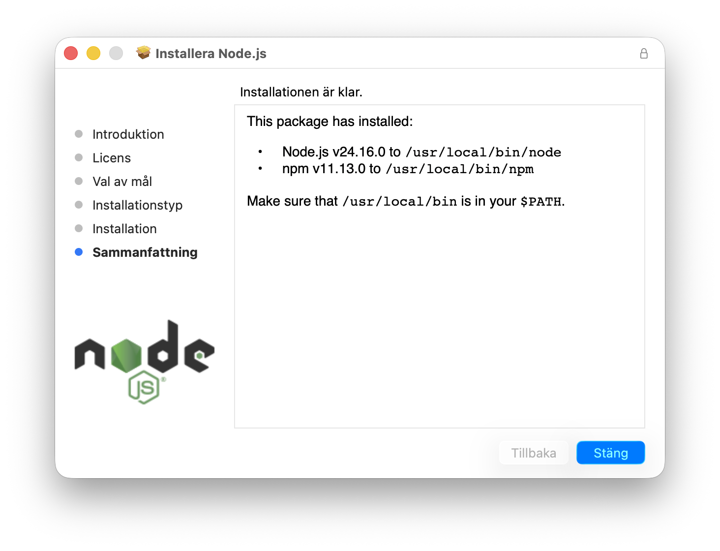 Node.js installer done screen