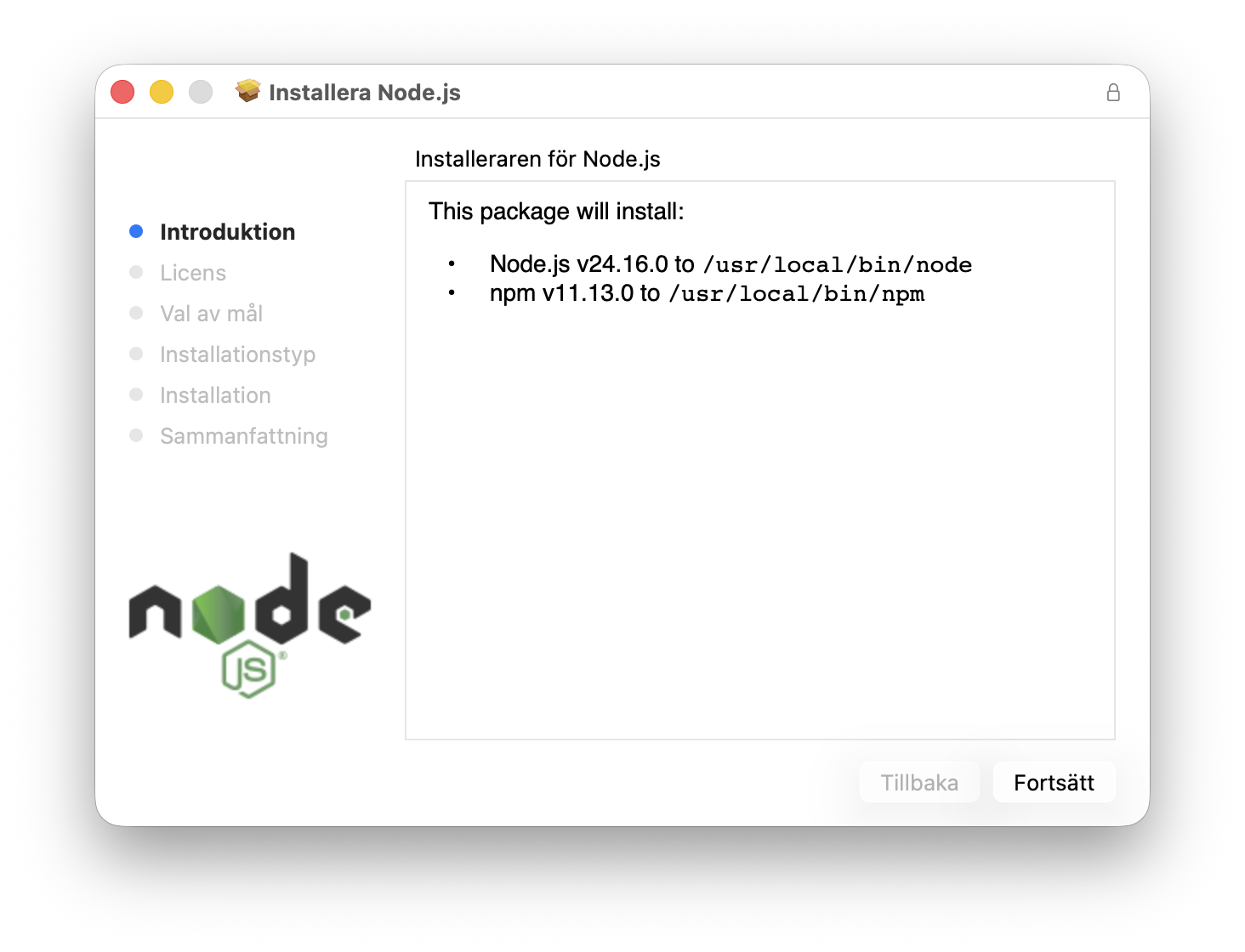 Node.js installer intro screen