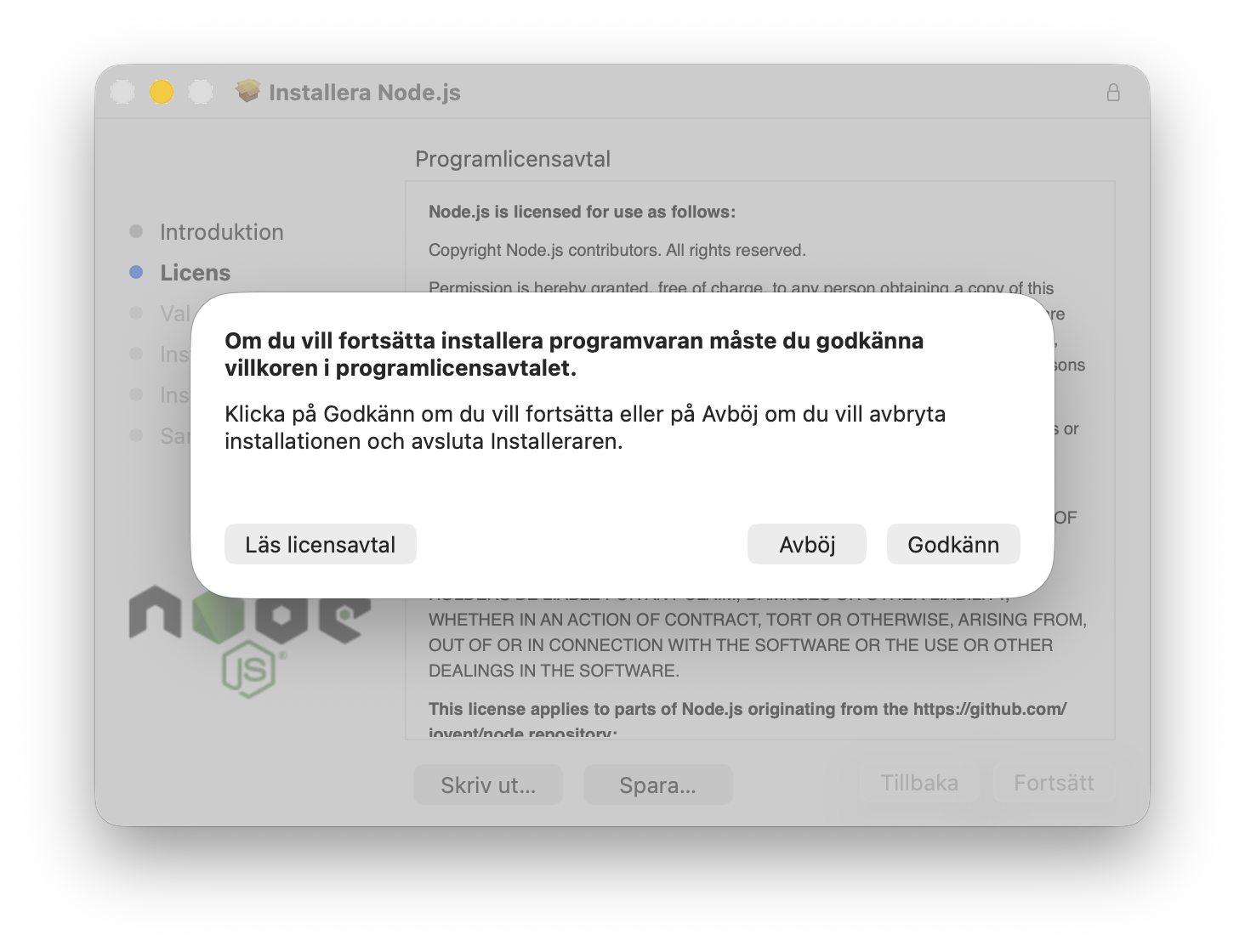 Node.js installer license dialog